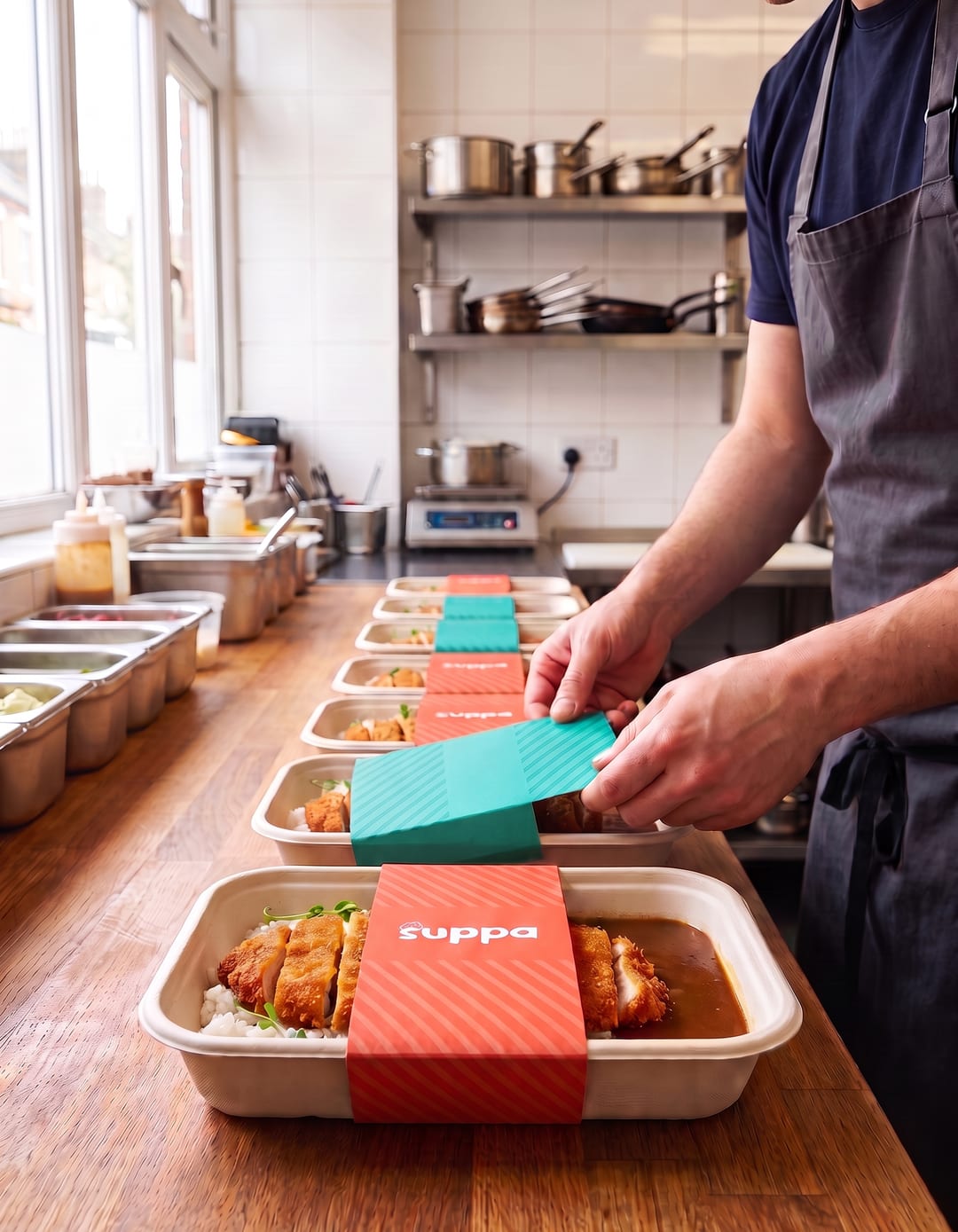 A chef lining up sleeved Suppa trays of chicken katsu curry on the pass of a Plymouth restaurant kitchen