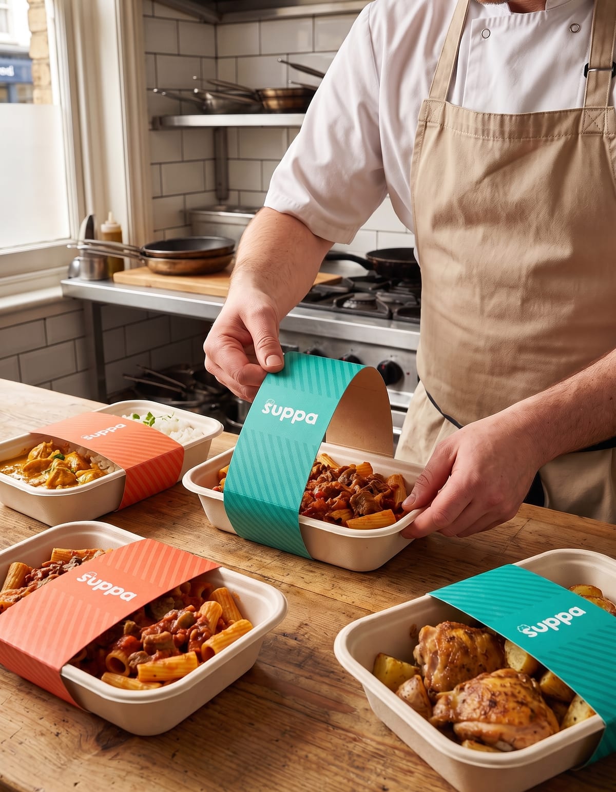 A chef sleeving freshly filled Suppa trays on a Plymouth restaurant pass