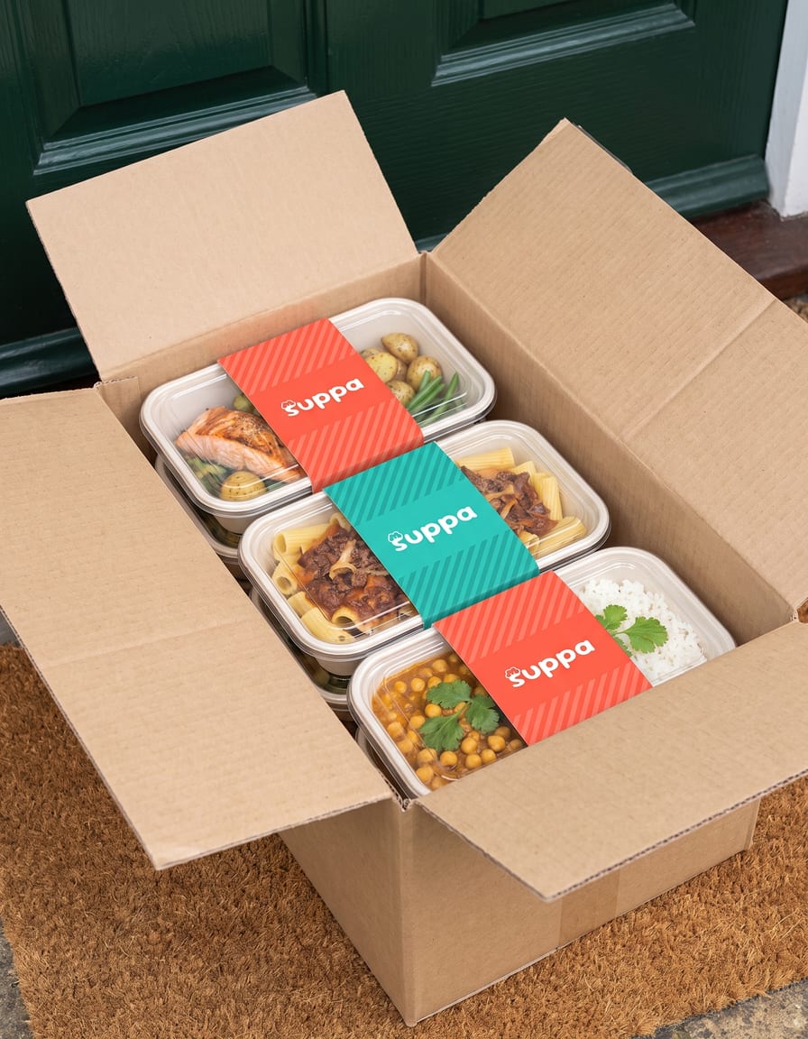 An open Suppa box of three sleeved trays on a doormat