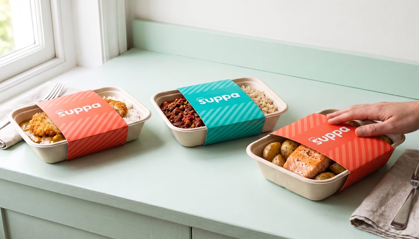Three sleeved Suppa trays on a mint kitchen counter