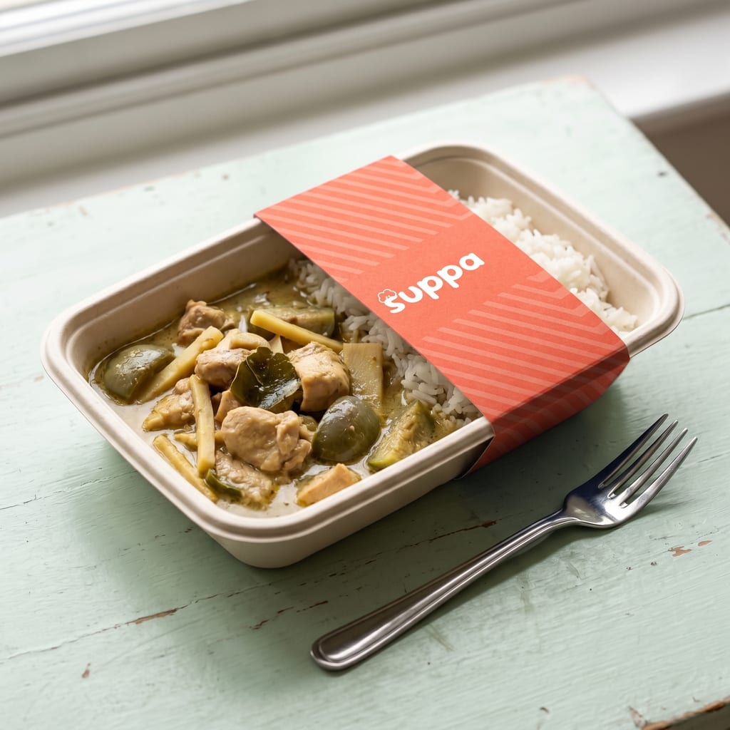A Suppa tray of Thai green curry and rice, its sleeve slid back