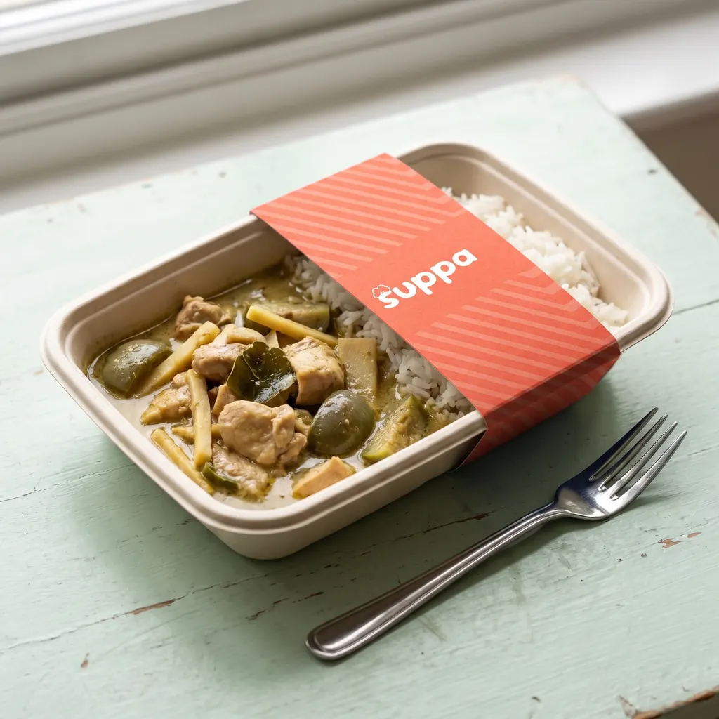 A Suppa tray of Thai green chicken curry and jasmine rice, its orange striped sleeve slid back