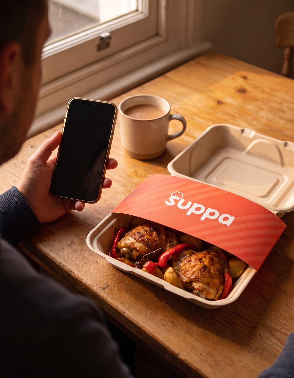 A hand holding a phone beside a sleeved Suppa tray of roast chicken