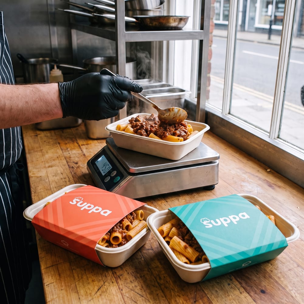 A chef portioning beef ragu into a Suppa tray on the scales, sleeved trays beside it